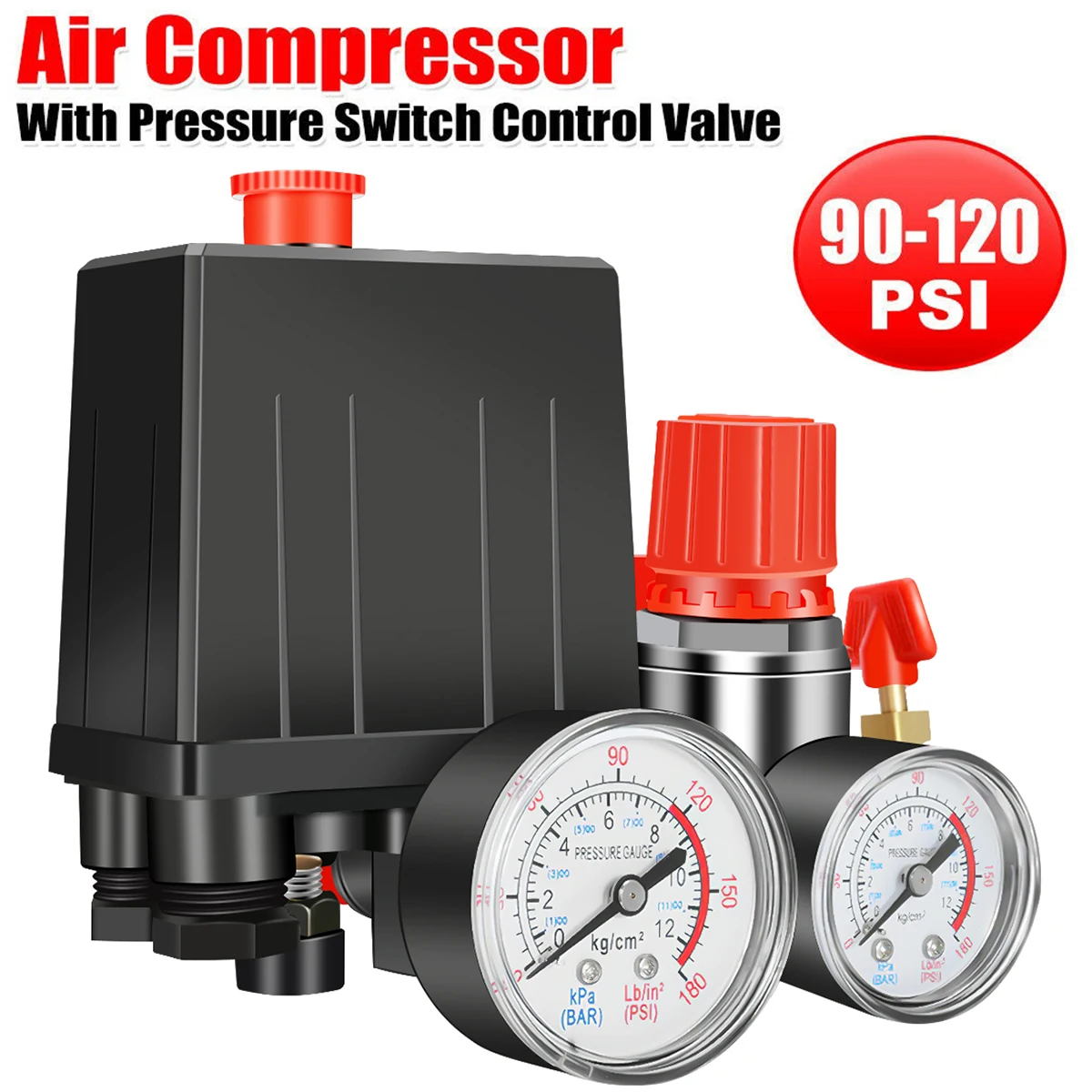 

Small Air Compressor Pressure Switch 90-120PSI 1/4"BSP Air Compressor Parts Valve Control Manifold Regulator Gauges