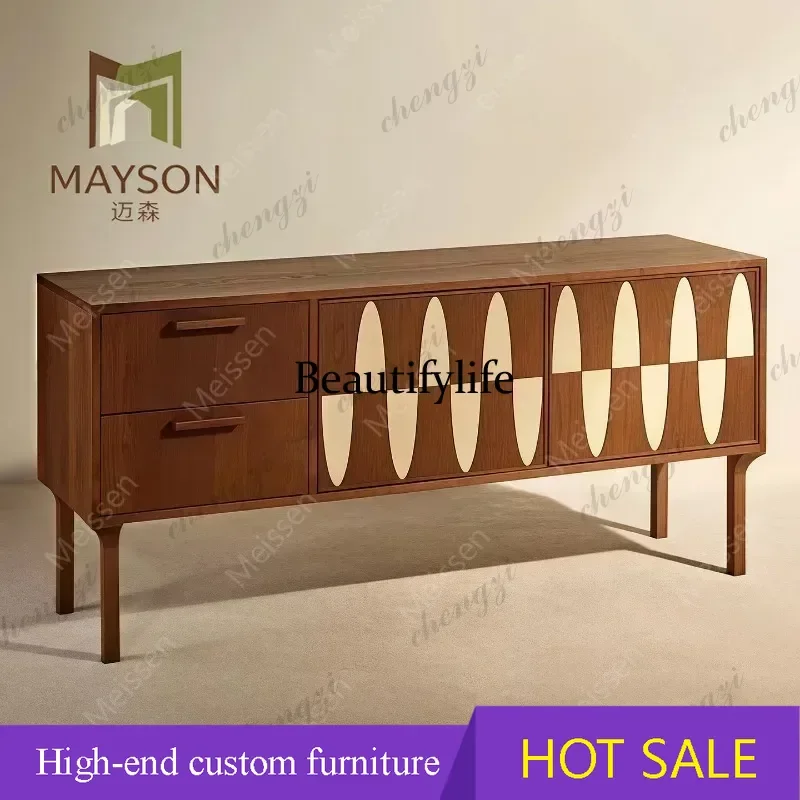 178 Medieval solid wood dining side cabinet, storage cabinet, geometric panel, living room entrance cabinet