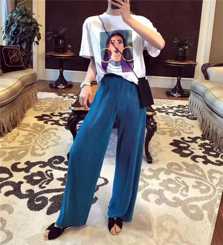 Women Fashion Summer Wide Leg Pants Pleated Ice Silk Trousers Elastic Waist Loose Casual Pants