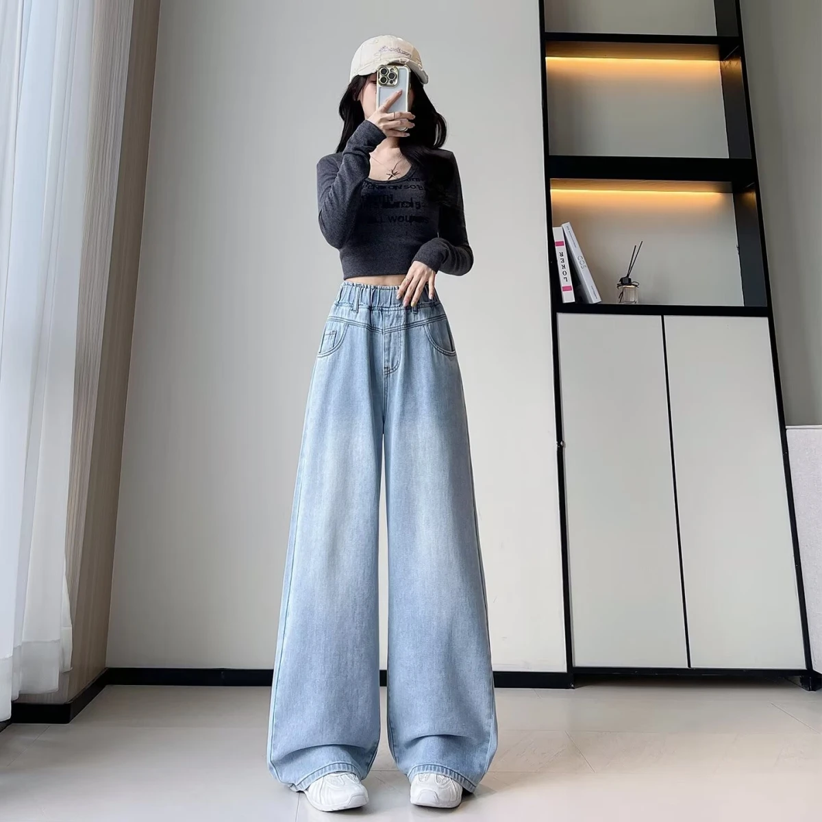 

Girls Faionable Straight Leg Jeans Elastic Waist Wide Leg Pants Spring Autumn Slimming Bla Denim High Waist Simple Sle