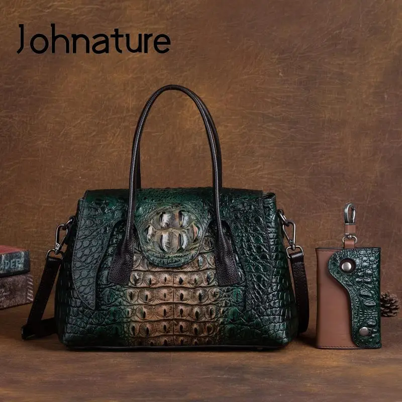 

Johnature Retro Crocodile Pattern Genuine Leather Women Bag 2024 New Fashion Luxury Handbag Nature Cowhide Shoulder Bags