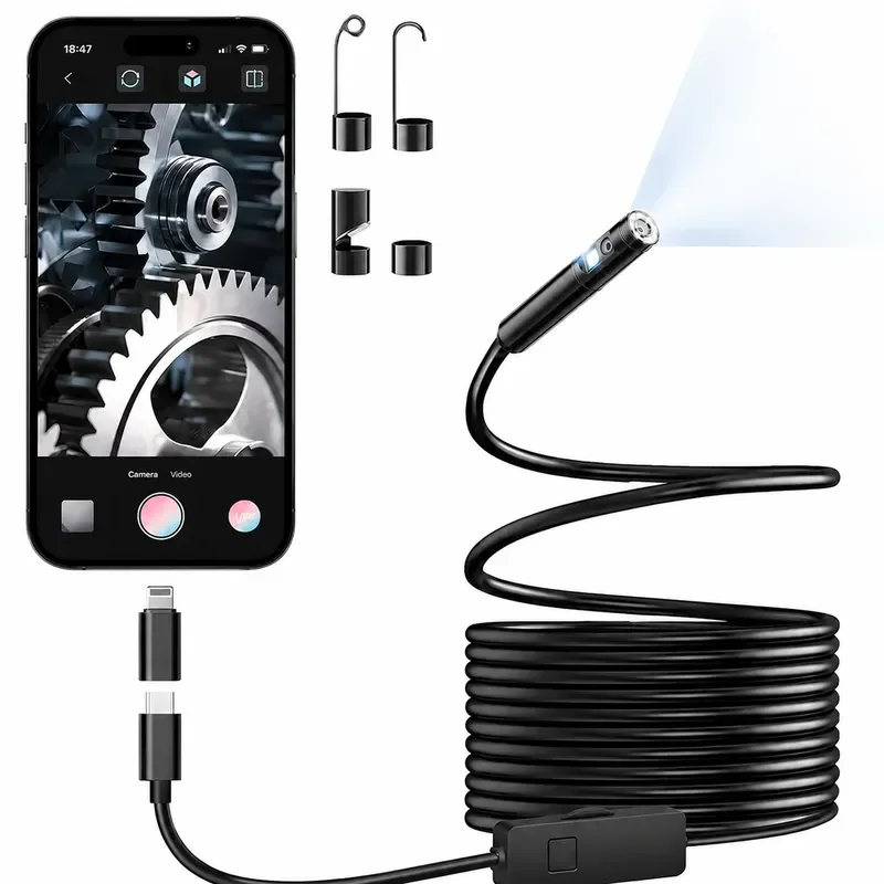 Single Dual Lens Endoscope Camera for IPhone IPad IOS Android Type C LED Light IP67 Borescope Industrial Inspection Camera