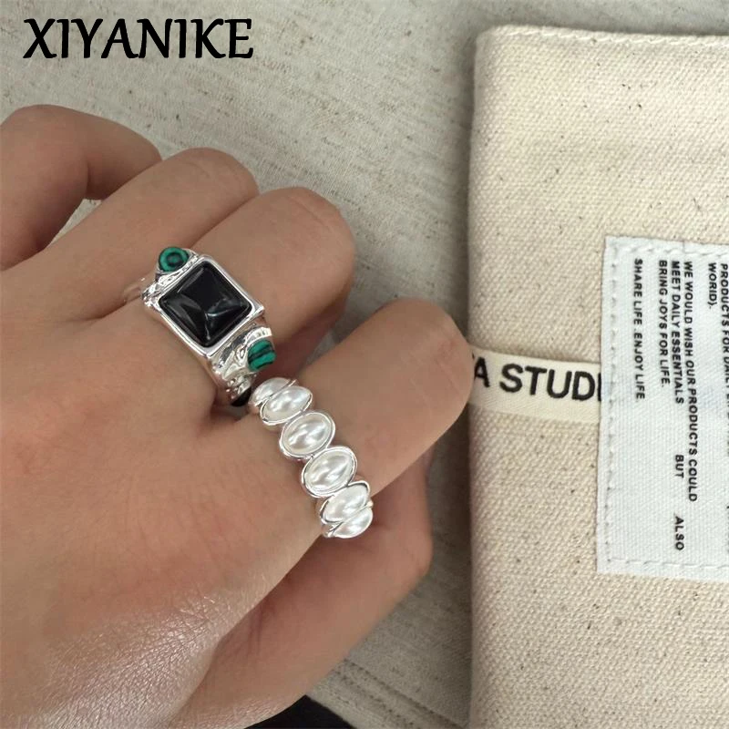 

XIYANIKE Black Zircon Ellipse Pearl Adjustable Rings For Women Girl Vintage Fashion New Jewelry Gift Party Birthday anillos