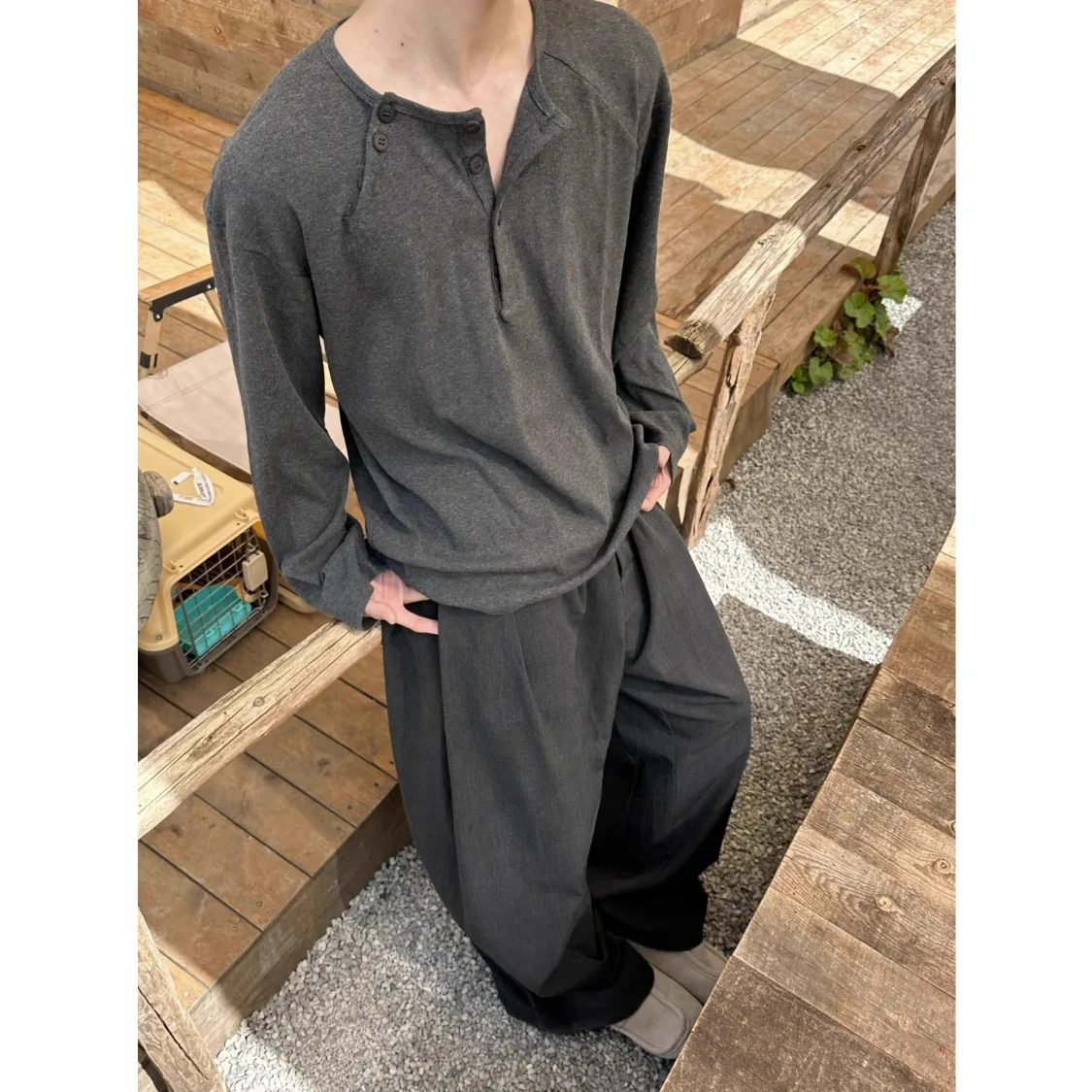 American Lazy Button Design Henry Collar Long Sleeve T-Shirt Unisex Autumn Loose Casual Overhead Base Shirt Polyester Fiber