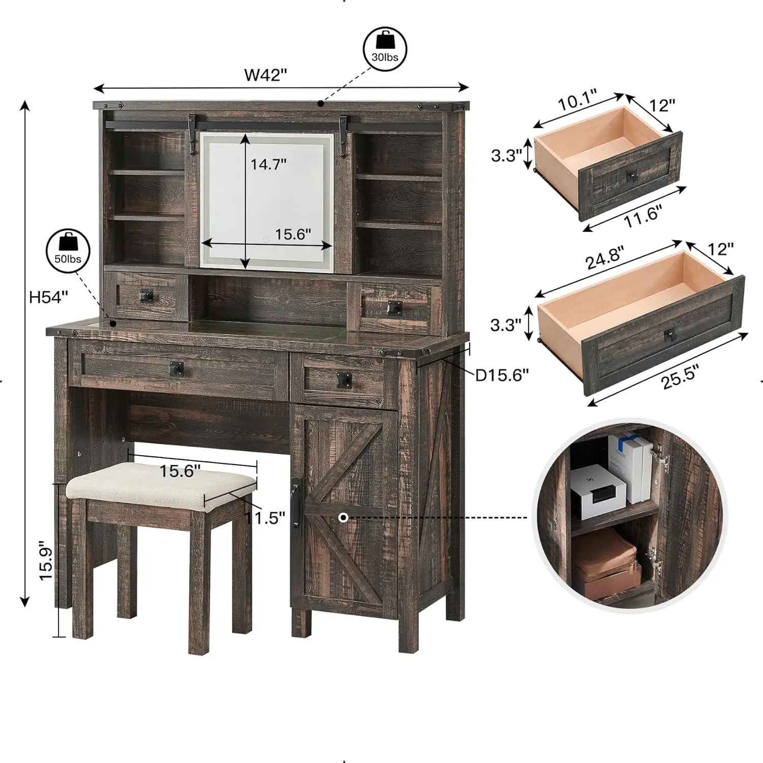 Farmhouse Makeup Vanity Desk with Sliding Mirror and Lights, 42'' Glass Tabletop Vanity Table with 2 Drawers & Shelves