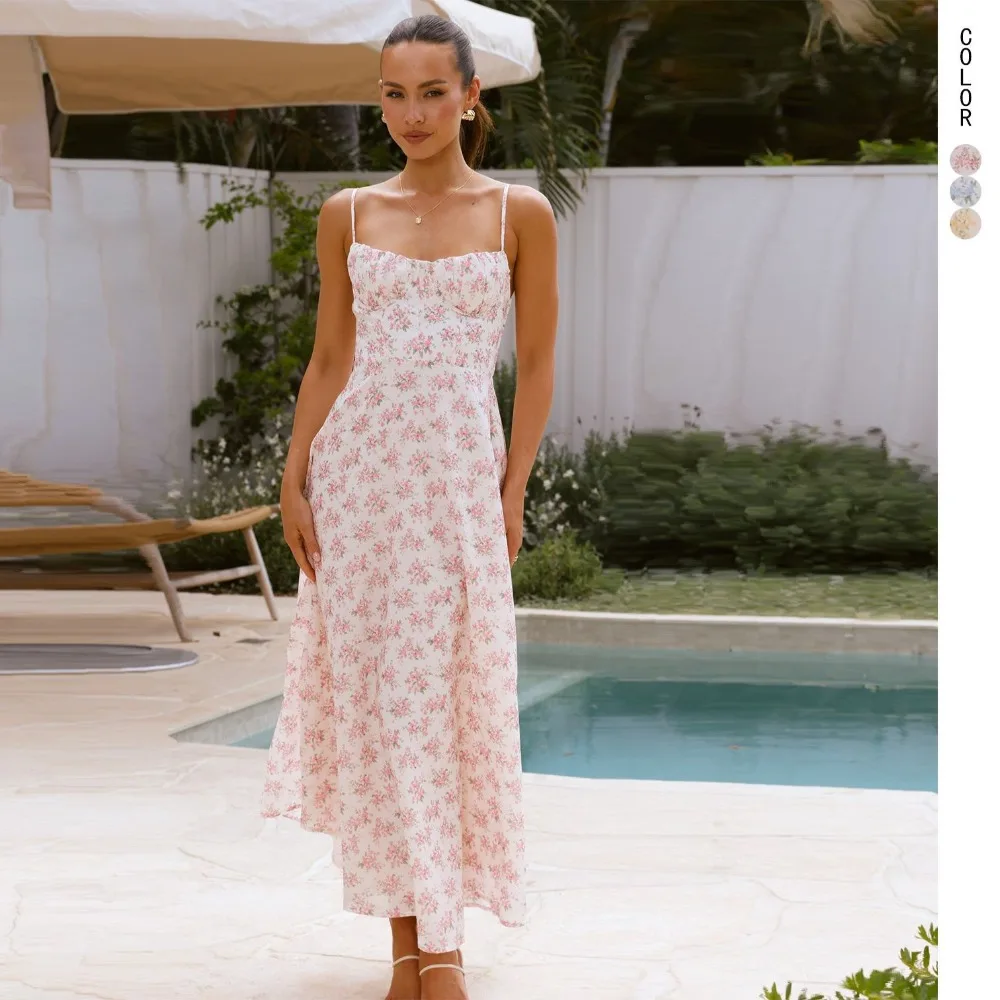 

2525 European And American Style Summer New Floral Pendulum Suspender Skirt Small Fresh And Sexy Ackless Lace-Up Dress