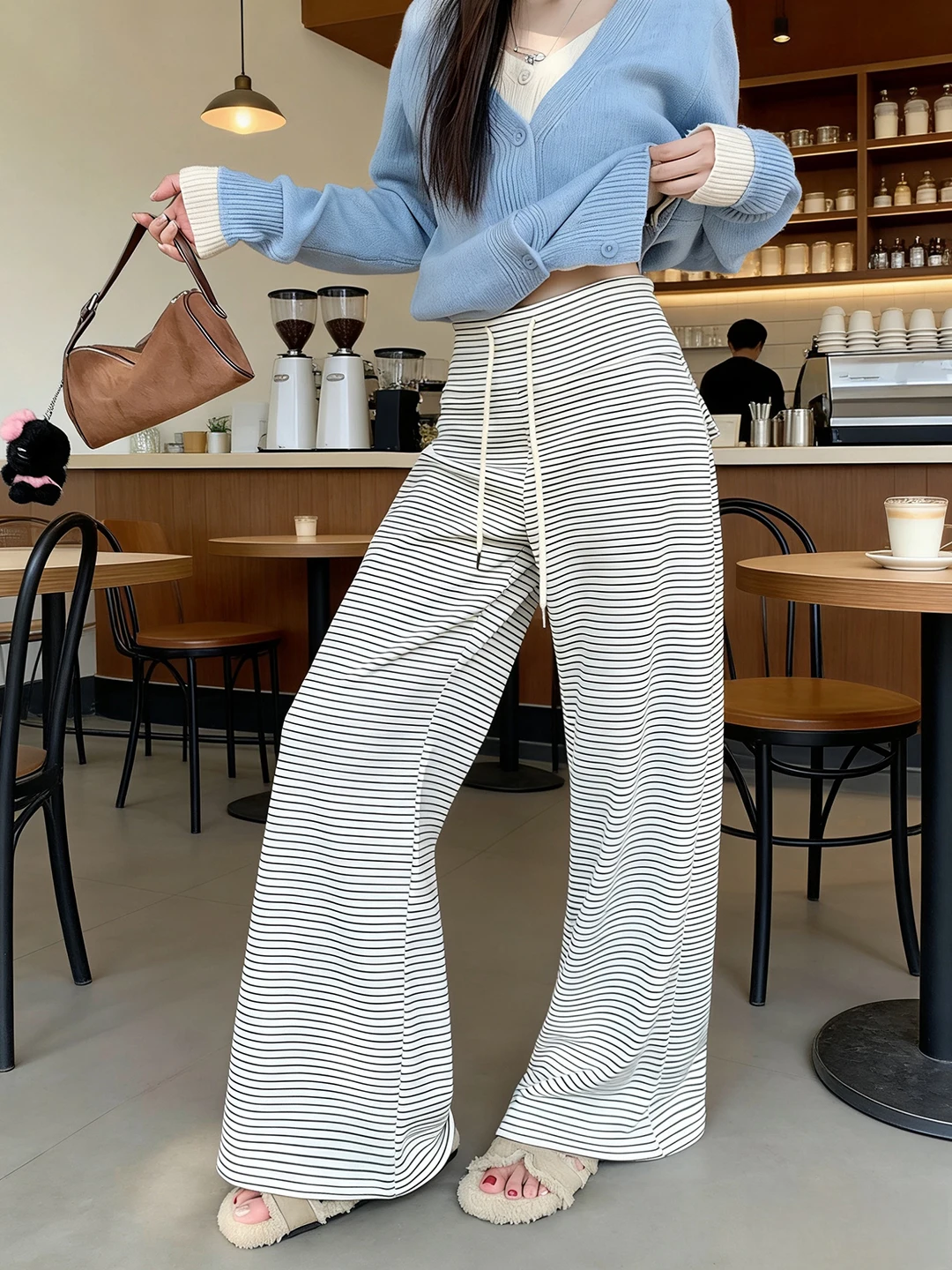 

Laid-back Style Drawstring Striped Loose Casual Pants Women Summer New High Waist Floor-Length Slimming Retro Straight Leg Pants
