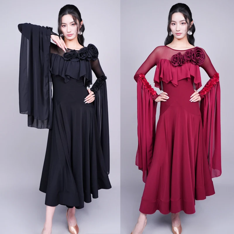 Waltz Ballroom Dance Competition Dress Flared Sleeves Latin Dance Performance Costume Women Modern Dancing Clothes SL15087