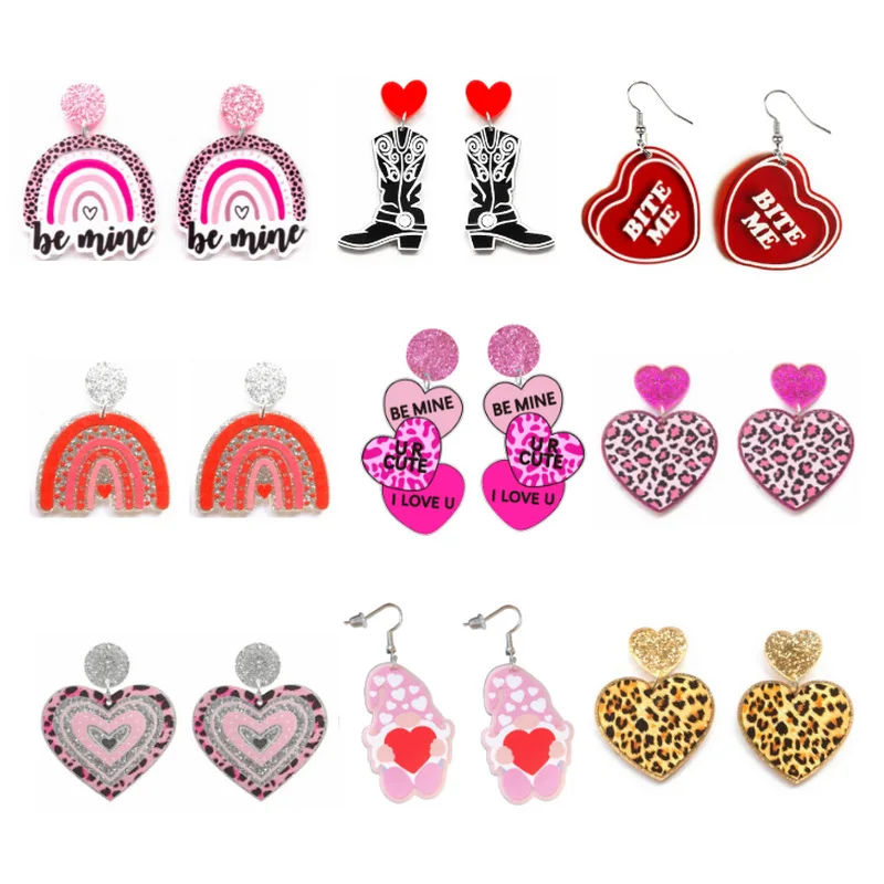 Acrylic Creative Jewelry Valentine's Day Gift Leopard print Rainbow Love Hearts Boots Gnomes Fashion Earrings for Woman