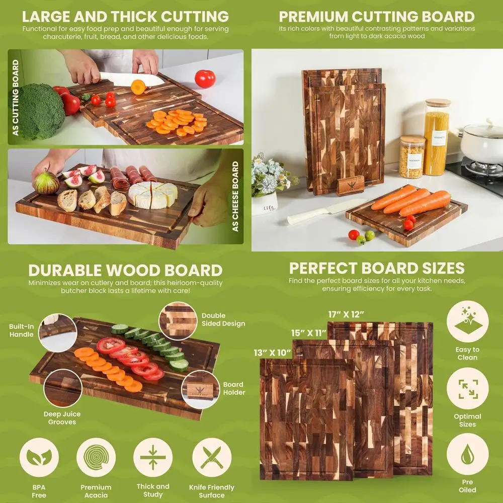 

Triple-Layer Acacia Wood Cutting Board Set with Holder, Knife-Safe, Dual-Sided, & Juice Grooves | 13, 15, 17 Eco-Friendly Kitche