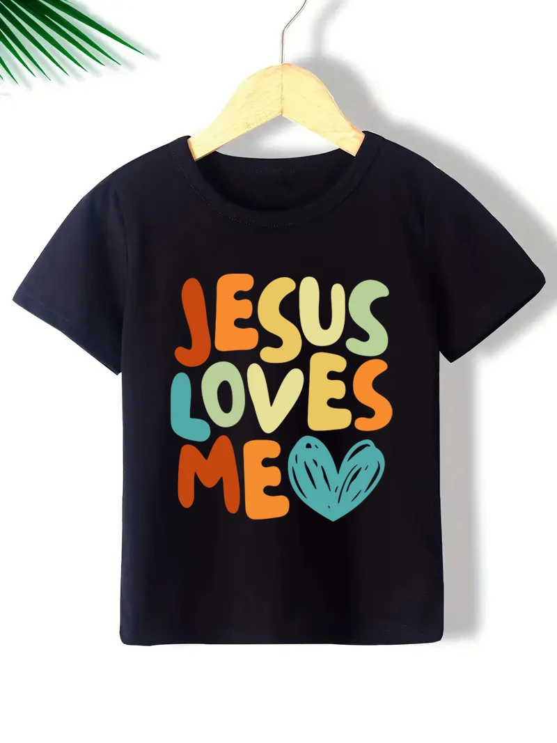 Boys and girls cartoon T-shirt, Jesus loves me printed children's short sleeved casual top, children's summer clothing