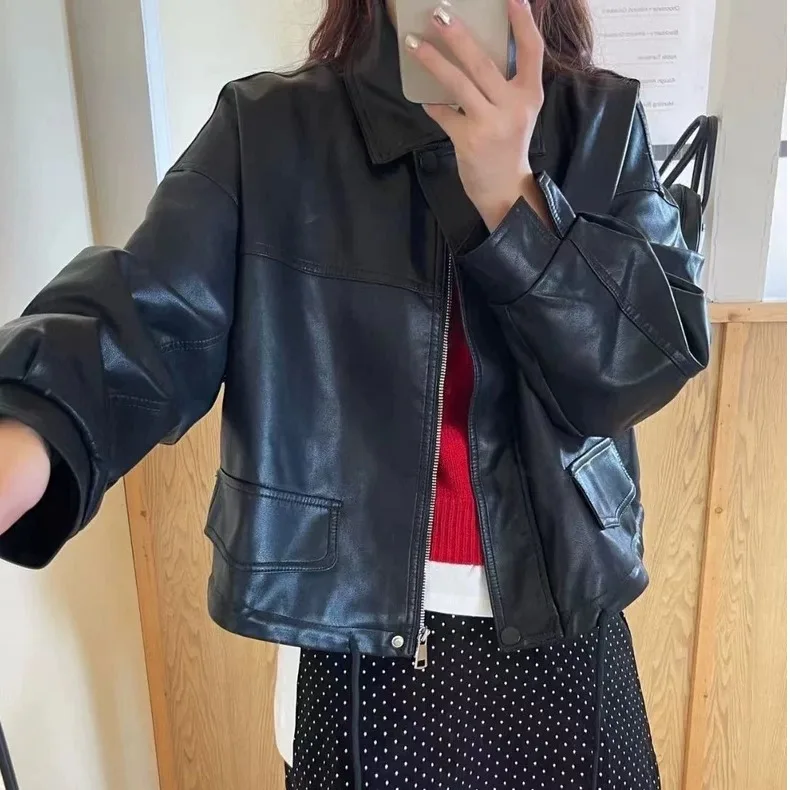 Women's Leather Jaet 2025 Autumn New Korean Version Chic ort Loose Top 4 Colors Commute Sle Long Sve Other Material