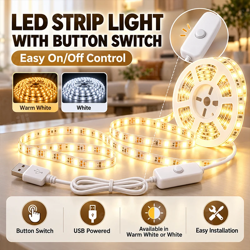 LED Strip Light USB Button Switch Ultra Thin Flexible Cuttable Strong Adhesive For Kitchen Bedroom TV Backlight Shelf Home Decor