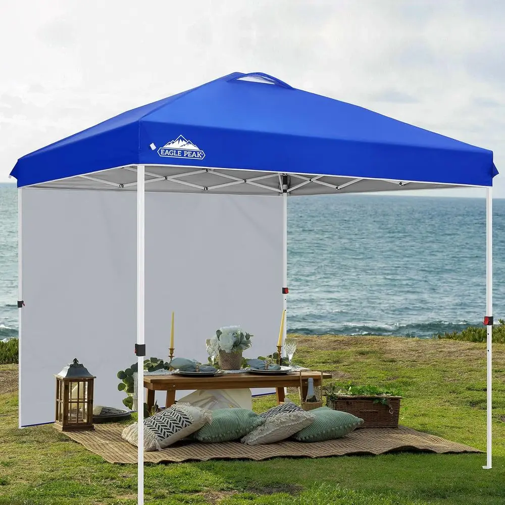 Quick-Setup 8x8 Outdoor Canopy with Side Panel, Wheeled Bag, Stakes, and Ropes, Blue Shade Tent