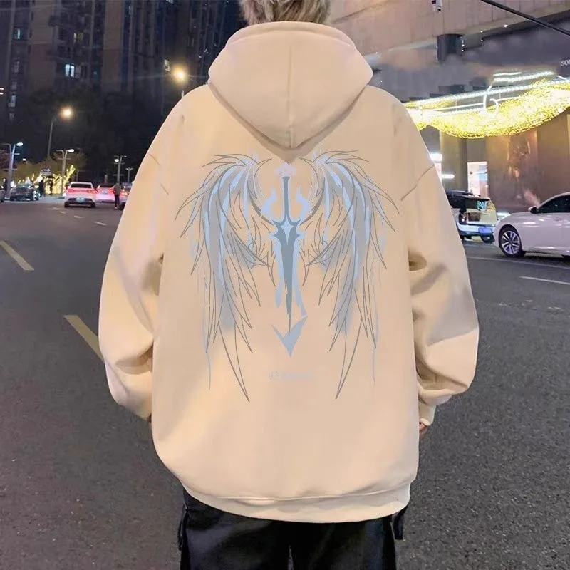 الأمريكية الرجعية الجناح طباعة هوديس الرجال الخريف الشتاء 2025 موضة جديدة الشارع الكنغر الحقيبة Y2K أفضل الرجال الدافئة البلوز طالب #4