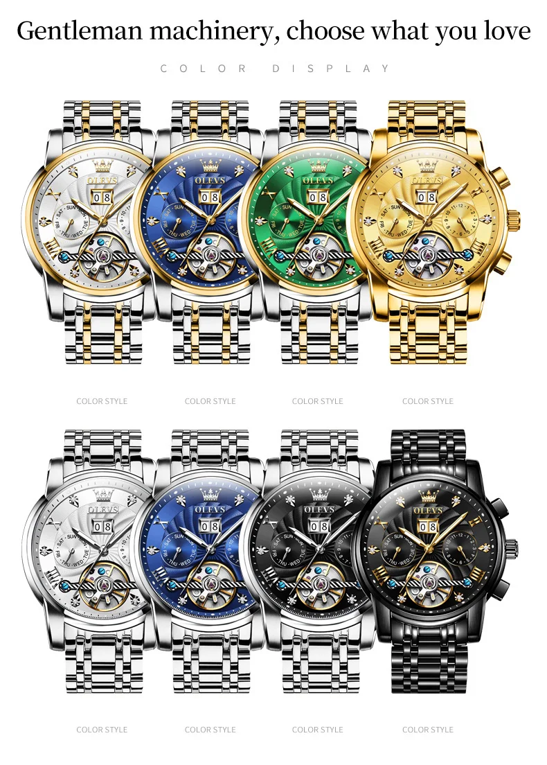 OLEVS 9910 Brand Original Authentic Watches for Man Luxury Gift Box Steel Belt Multifunctional Tourbillon Mechanical Men's Watch