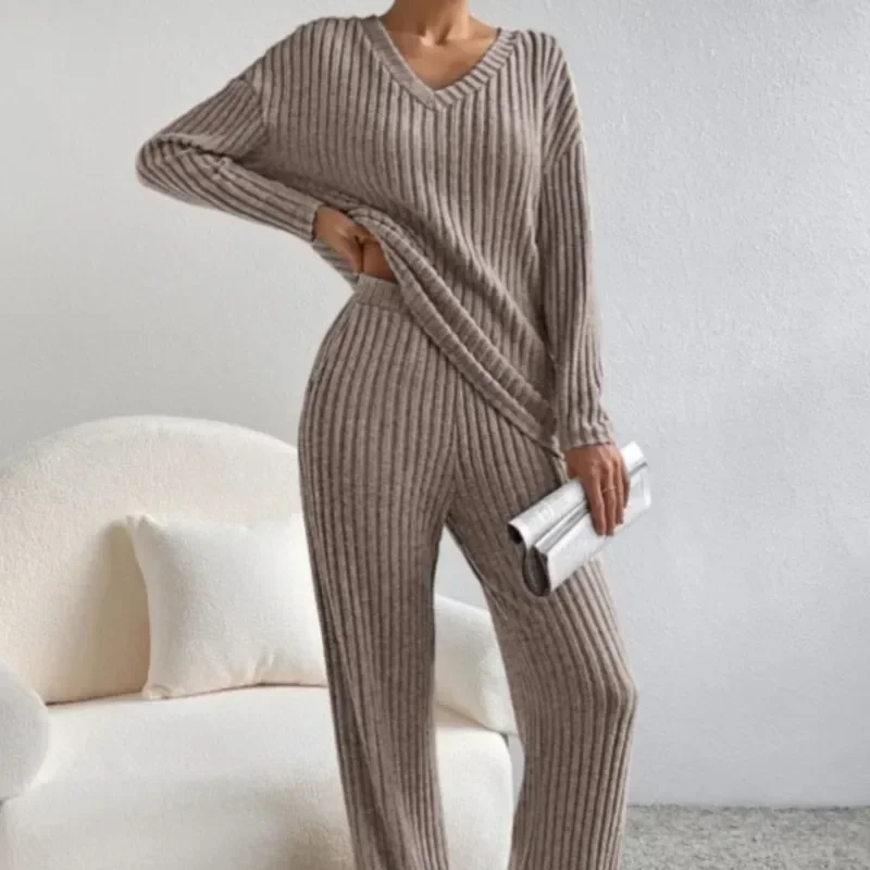 zekye Women's Casual V-Neck Women's Knitted Suit Top And Straight Pants Solid Color Sweater Two-Piece Set Home Suit For Women