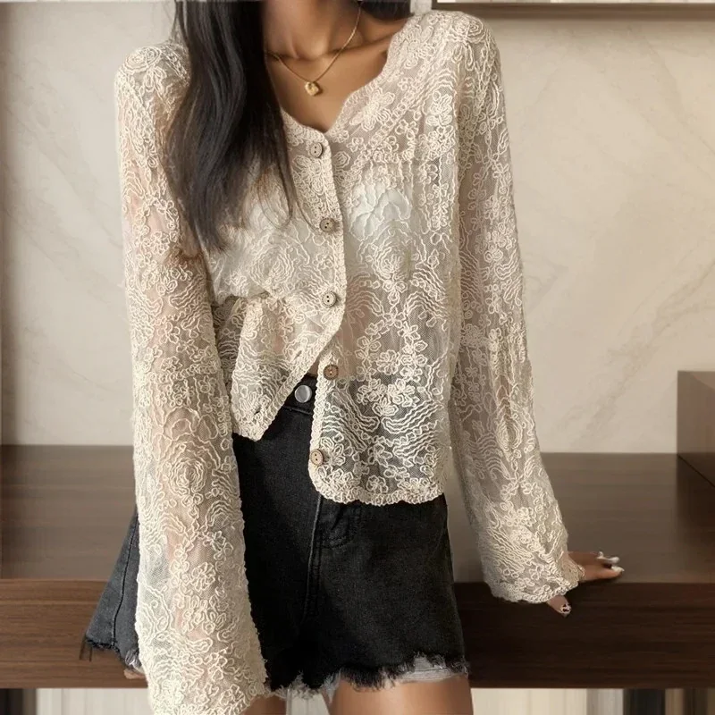 Women Summer Sexy Lace Hollow Transparent T-shirts Solid Buttons Up Cardigan Flare Sleeve TeeV-Neck Ruffles Sweet Shirt Spring