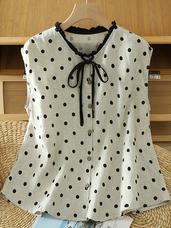 Summer Casual Loose Polka Dot Linen Svel irt Women's Cotton Linen Small Top with Belt Floral Collar Button Detail