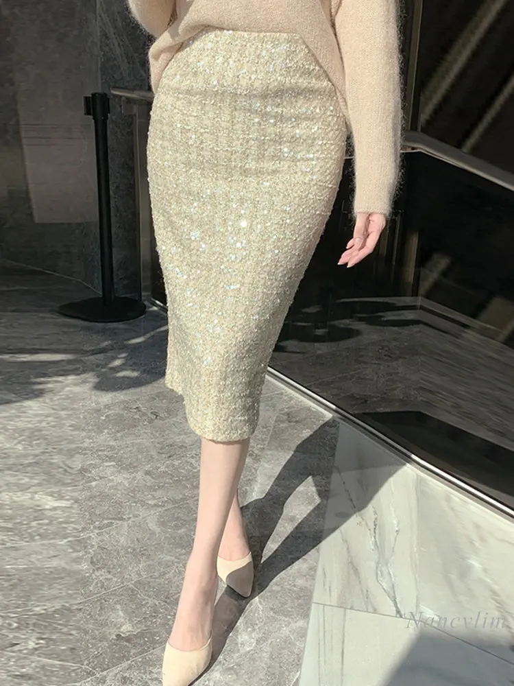 Sequined Tweed Skirts Women 2022 Autumn and Winter Mid-Length High Waist Hip Skirt One-Step Skirts Office Lady Work Wear