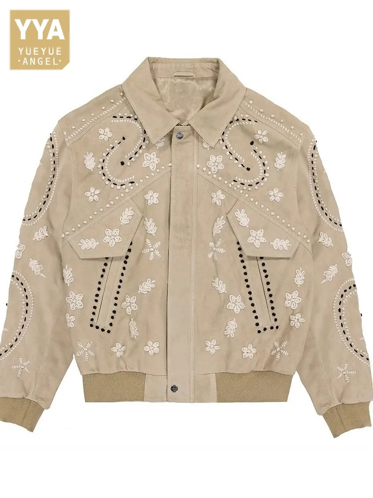 Italian Designer Mens Real Suede Leather Jacket Luxury Handmade Floral Embroidery Bomber Jacket New Loose Fit Party Outwear Coat
