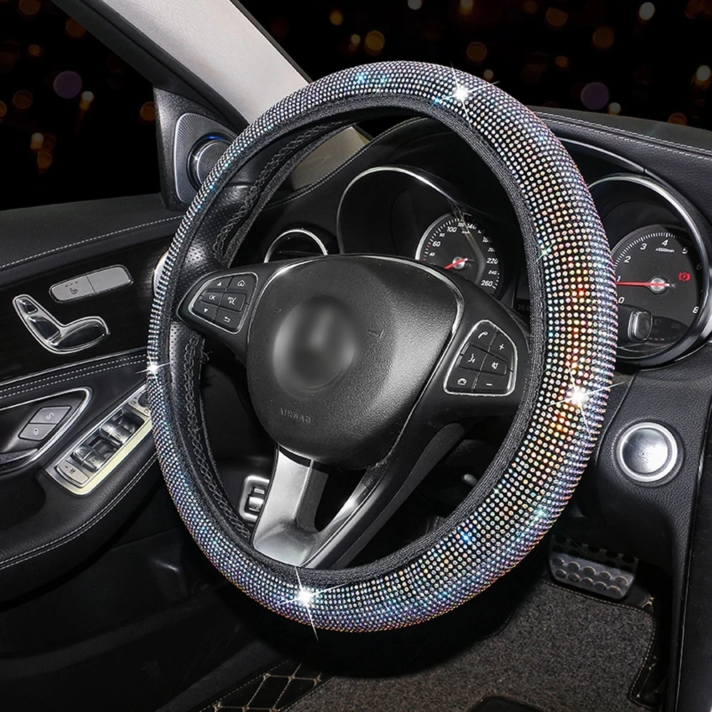 Rhinestone Car Steering Wheel Cover Leather Steering-Wheel Decoration Cover Bling Crystal Auto Styling Car Accessories for Woman