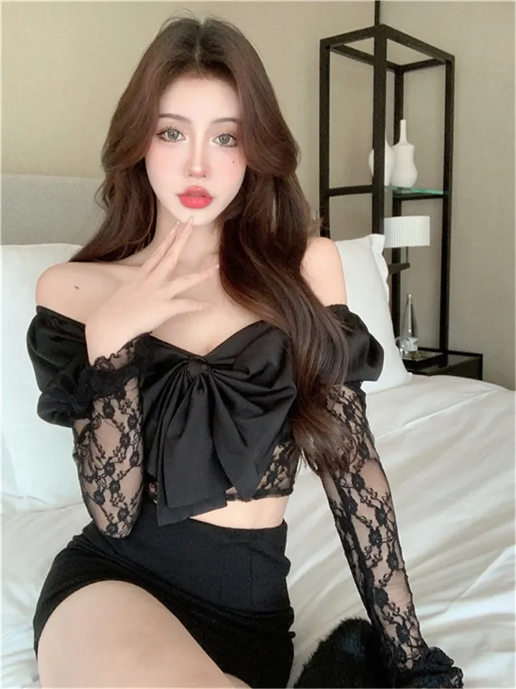 Slash Neck Sexy Black Lace Shirt for Women Summer Big Bow Long Sleeve Strapless transparent Tops Off Shoulder Sheer Short Blouse