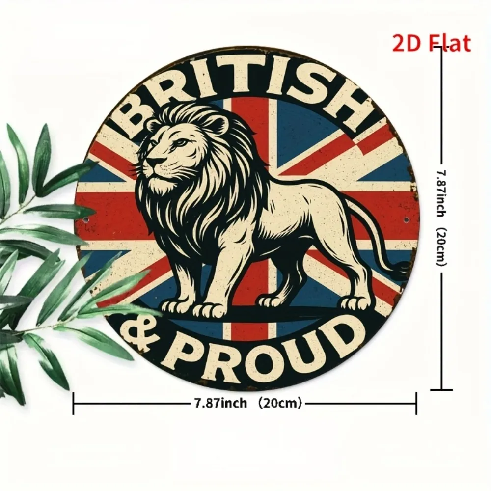 لافتة حائط حديدية عتيقة من Lion & Union Jack - لوحة معدنية ريفية مع نص "British & Proud"، ديكور متين مثبت على الحائط