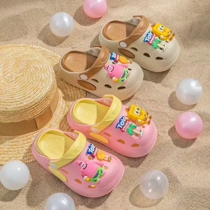 

r‌eal picture 2025 new summer black pink purple comfortable SquarePants cartoon child children's slippers women kids sandals