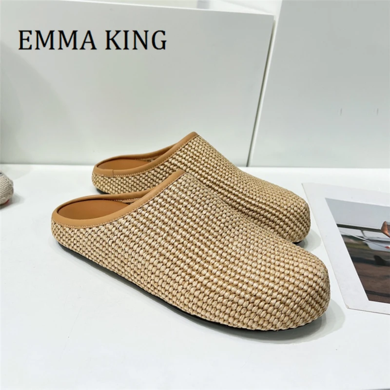 

Summer Women Straw Weave Slippers Comfort Round Toe Casual Flats Slides 2023 New Female Outdoor Holiday Beach Sandals Big 40