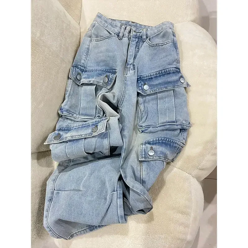 

American High Street Large Pocket Workwear Jeans Women's Autumn Winter New High Waist Loose Slim Wide Leg Straight Cut Pants Tre