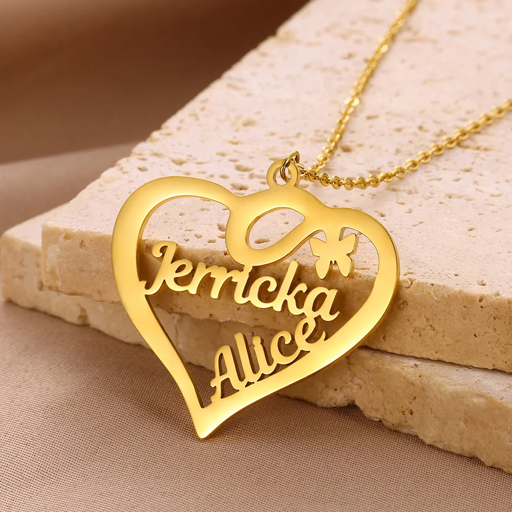 Hollow Heart Necklace Personality Double Name Collares Custom Necklaces For Women Stainless Steel Jewelry Love Butterfly Choker