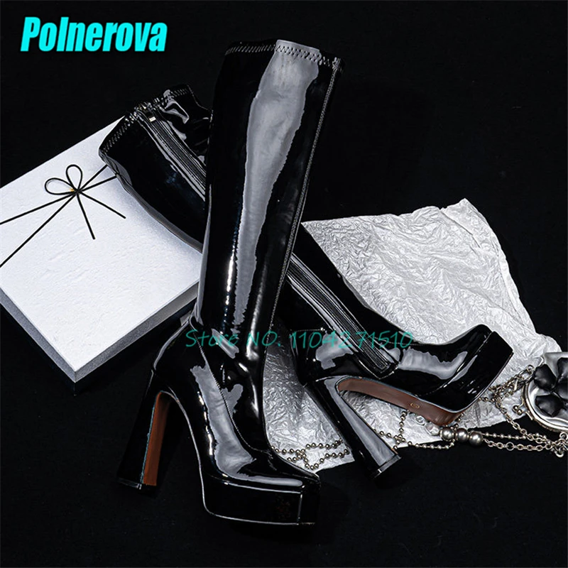

Sexy Women 13CM Super High Heel Elastic Long Boots Black Patent Leather Square Toe Platform Knee High Boots Fashion Runway Shoes