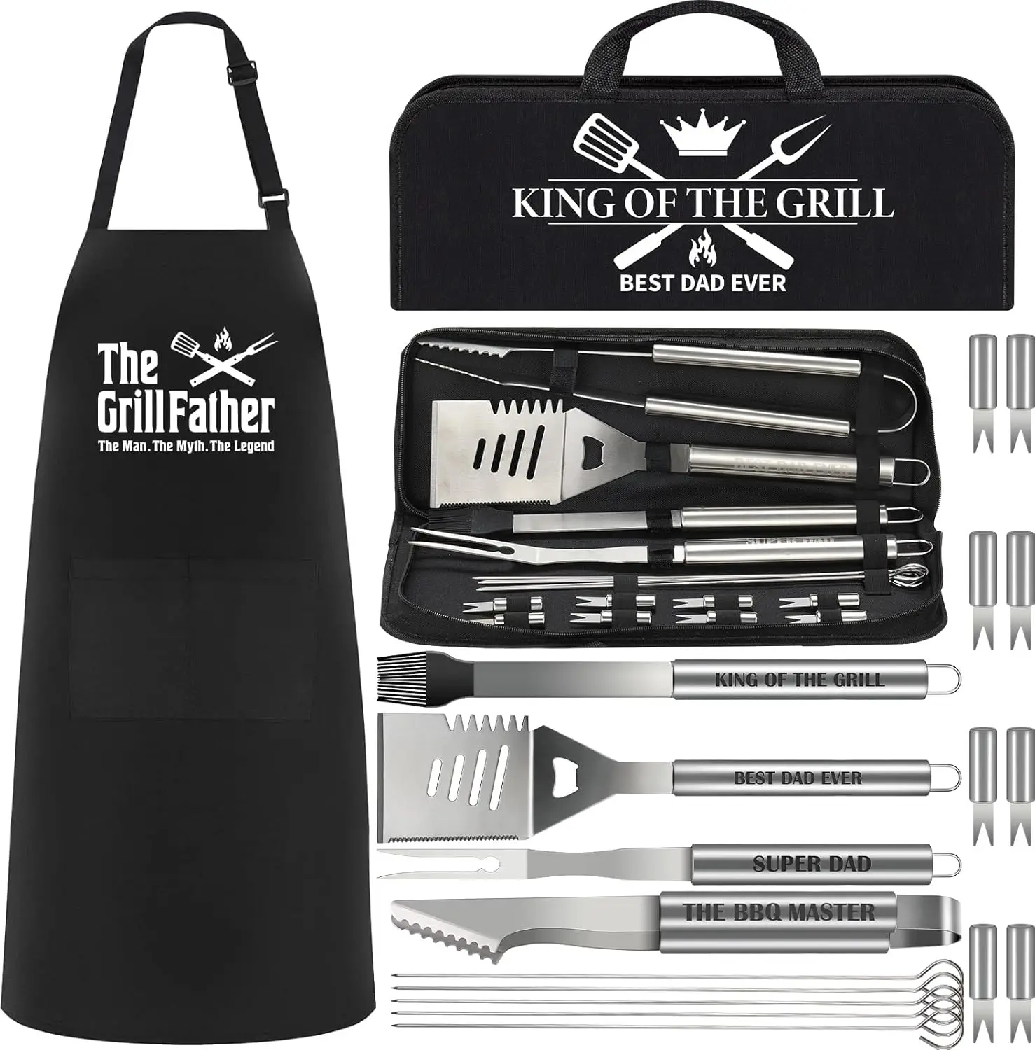 

19Pcs Dad Father's Day Gifts from Daughter Son BBQ Grill Tools Set with Apron Portable Bag Heavy Duty Grilling Utensi