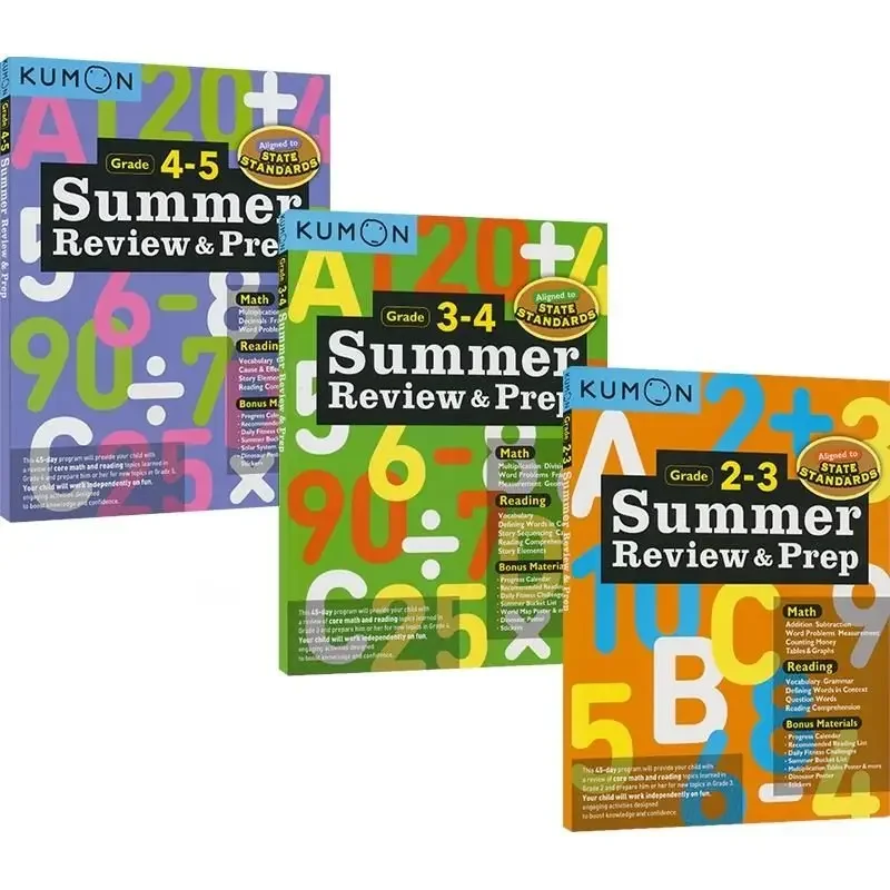 3 Books/set of Kumon Summer Review &Prep Math2-5 Formal Education Summer Workbooks