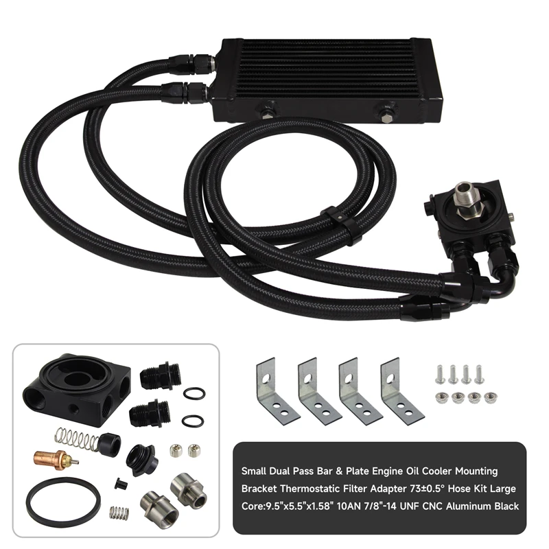 

S/M/L Dual Pass Bar & Plate Engine Oil Cooler Thermostatic Filter Adapter Hose Kit 10AN 7/8"-14 UNF CNC Aluminum Black