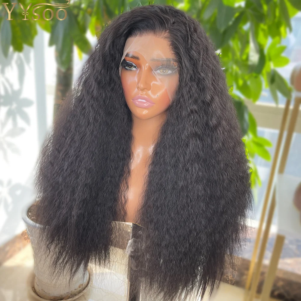Long 2# Natural Black Kinky Straight 13x4 Futura Synthetic Lace Front Wigs for Women High Density Glueless Half Hand Tied Wig