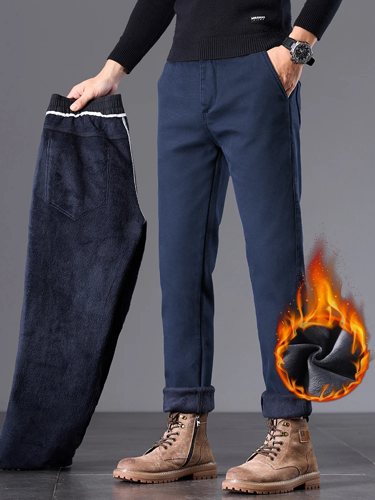 

Winter Velvet Men's Casual Pants Slim Comfortable Fleece Business Thickened Trousers Warm Elastic Male Plush Pants
