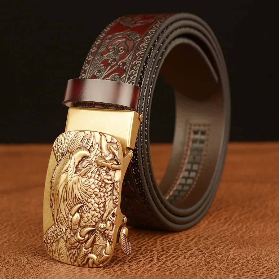 2024 New Eagle Automatic Buckle Belt Emboss Cowskin Belt Quality Men Wasitbad Strap Genuine Leather Gift Business Belt For Jeans