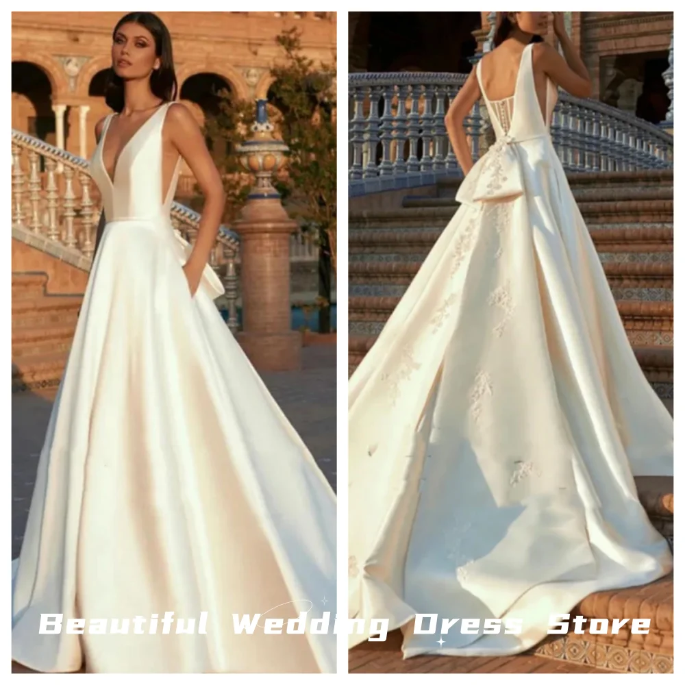 2024 New Sexy Deep V-Neck Sleeveless Satin A-Line Wedding Dress For Bride  Decoration Lace Up Train فساتين سهرة  Wedding dresses