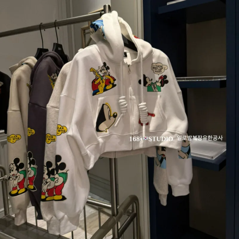 

2026 New Cross Border Women's Mickey Mouse Cropped Hoodie High Waisted Open Front Cartoon Print Belly Button Hooded Sweatshirt