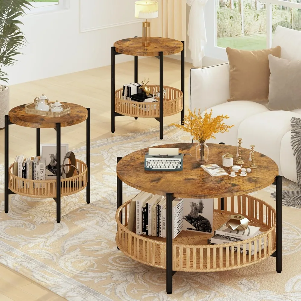 

Boho Chic 3-Piece Living Room Coffee Table Set with Rattan Shelf and Metal Frame