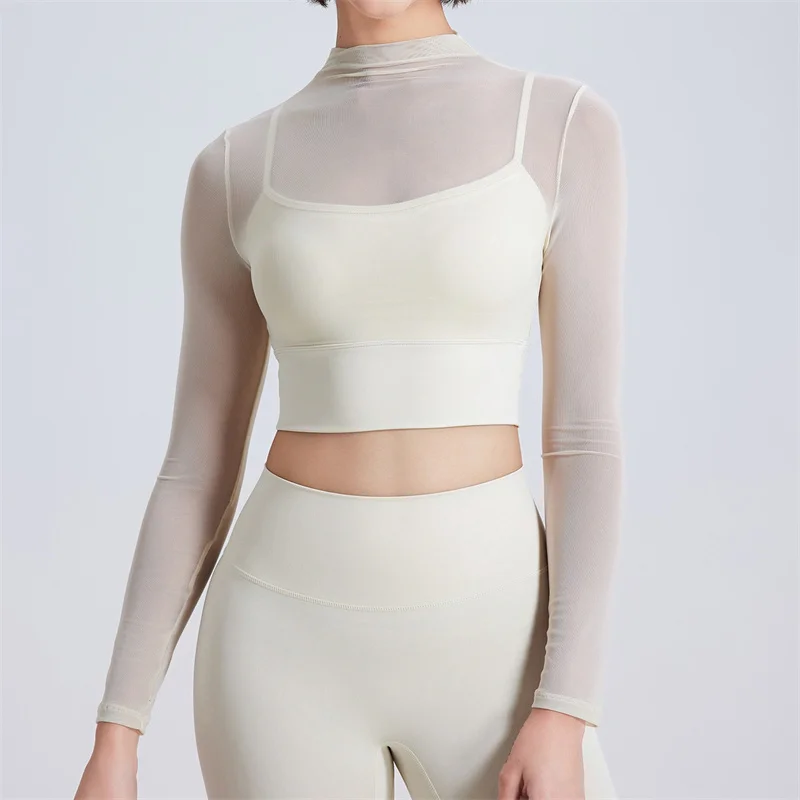 

Aiithuug Turtle Neck Mesh Long Sleeve Yoga Bra Sports Crops Fitness Crop Top Gym Bras Yoga Tank Top Build-in Bra Active Tanks