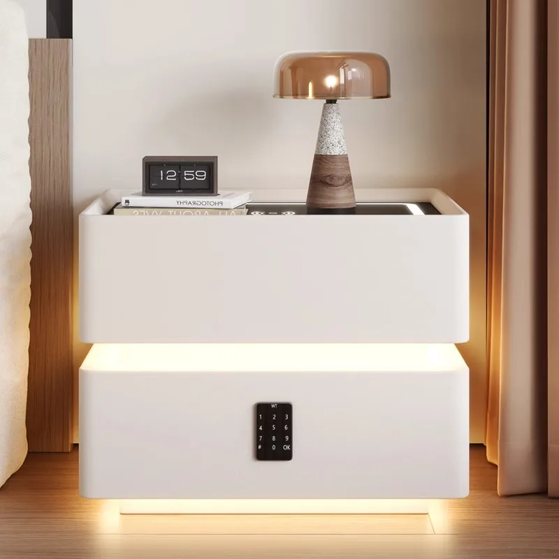 โต๊ะข้างเตียงอัจฉริยะทันสมัยพร้อมโคมไฟ ทำจากไม้เนื้อแข็ง ตู้เก็บของในห้องนอนสไตล์มินิมอลทันสมัยพร้อมสัมผัสแห่งเทคโนโลยี