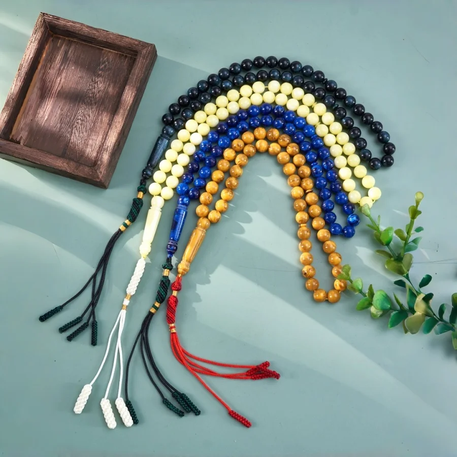 Perles de prière musulmanes en résine durable, quatre couleurs, 45-51 perles, avec pompons en polyester tissé, cadeau festif