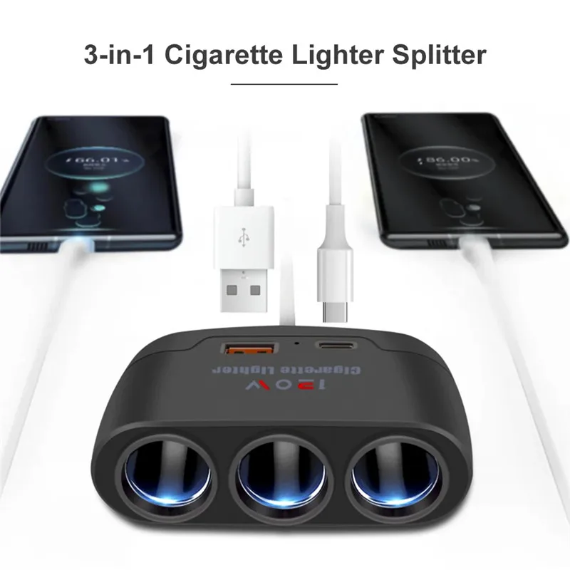 3 Socket Car Cigarette Lighter Splitter Dual USB LED Car Fast Charger 120W PD Car Charger Adapter for Car DVR GPS Dashcam