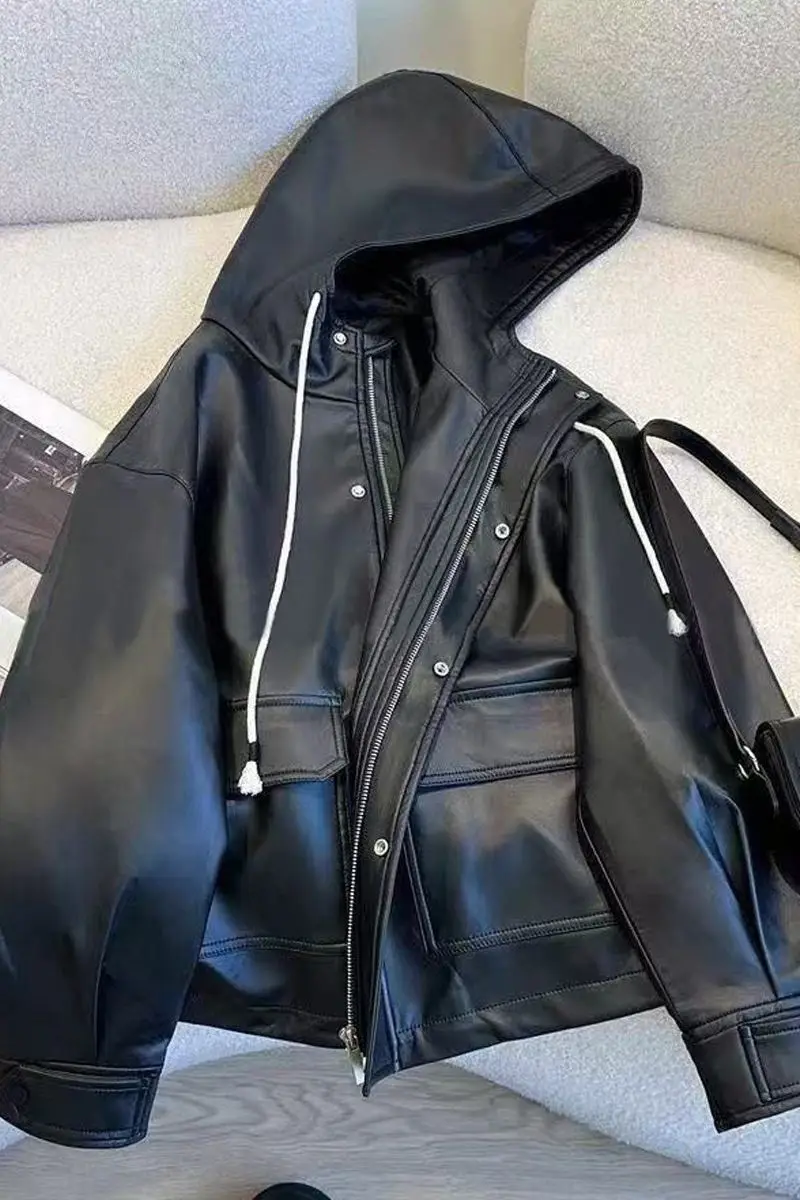 Modische Lederjacke mit Kapuze für Damen, Neuer Stil, Koreanische Version, Locker Geschnitten, Vielseitig, Hochwertig, Stilvolle Lederjacke