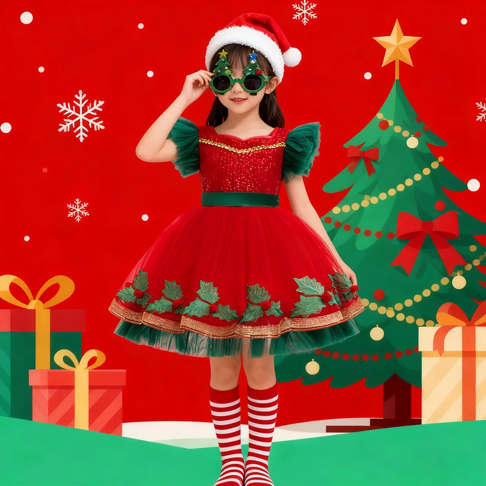 

Fashion Red Sequin Christmas Costume+Hat+Glasses+Socks New Year Dress For Girls Xmas Party Dresses Embroidery Birthday Dress