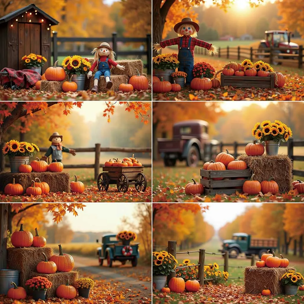 

MOON.QG Autumn Farm Backdrop Photography Pumpkin Haystack Scarecrow Photozone Background Baby Photo Studio Photozone Accessories