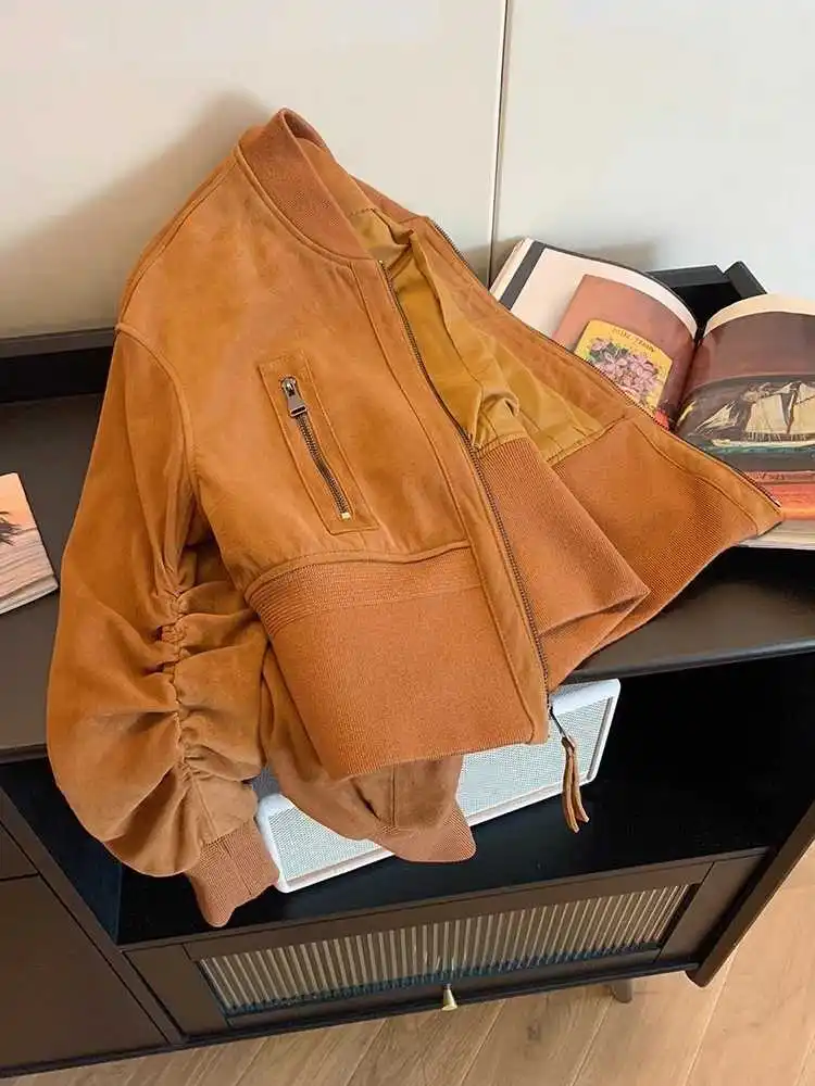 

Women's Orange Autumn Suede Jacket Coat Vintage Harajuku Aesthetic Long Sleeve Mustang Baseball Jacket Outerwear 2000s Clothes